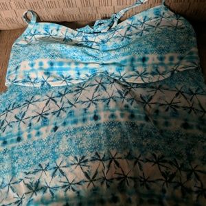 Blue tropical print two-piece bathing suit